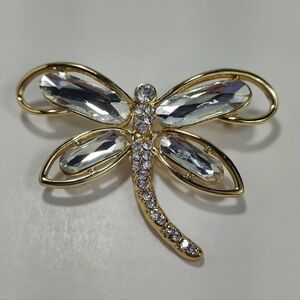 Monet Gold Tone Dragonfly Brooch Rhinestone Crystal Wings Vintage Designer